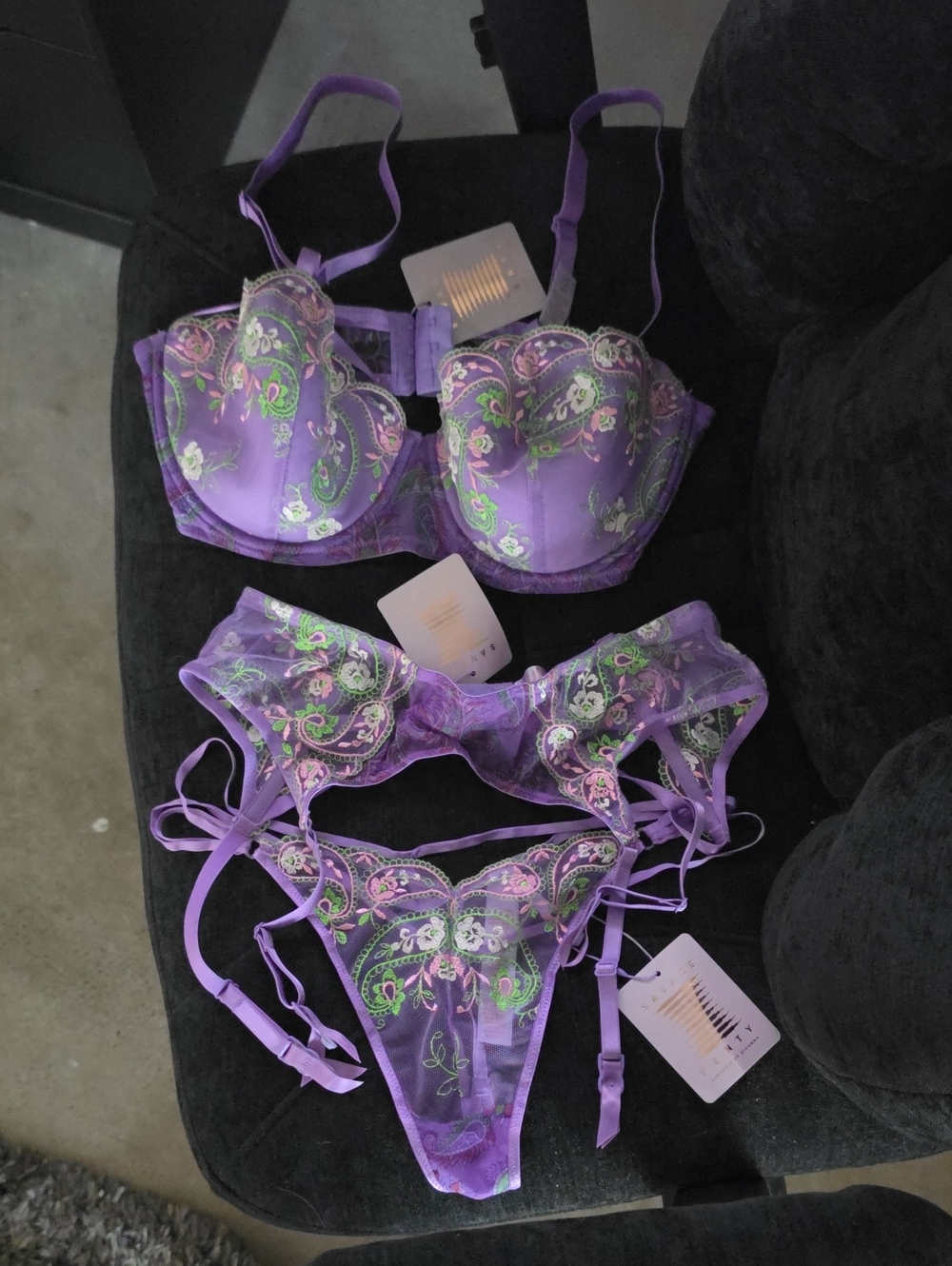 Savage X Fenty Purple Embroidered Lingerie Set - Bra, Garter & Thong - Picture 1 of 1